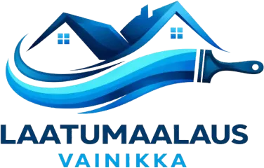 Logo, jossa sininen talo, sivellin ja teksti "LAATUMAALAUS VAINIKKA".